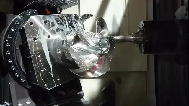 CNC 5-axis machined metal part in process, showing multi-axis precision cutting, complex geometry, and advanced manufacturing technology.