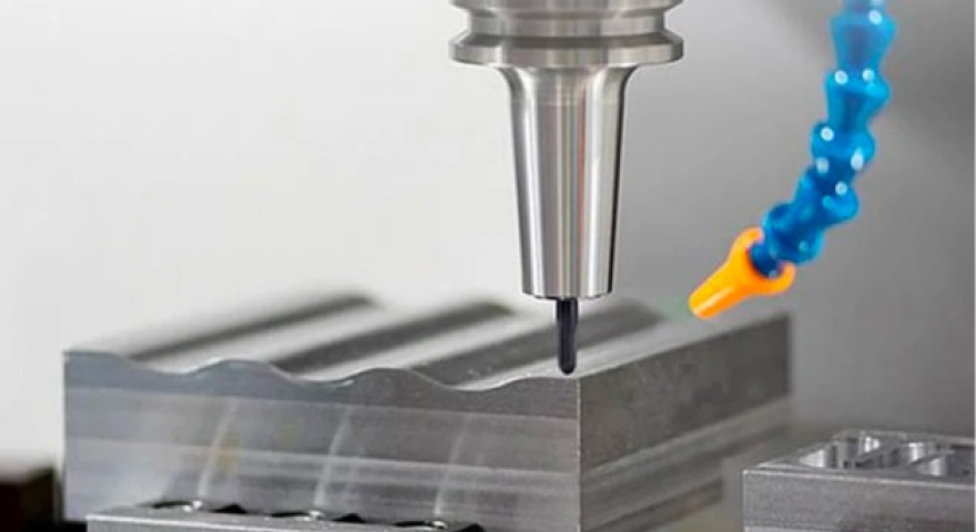 CNC milling machining process on metal part, showcasing precision cutting, high-accuracy tooling, and advanced manufacturing technology.