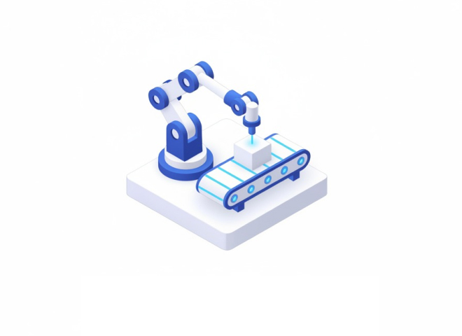 Manufacturing Begins icon representing the start of production, precision machining, and industrial manufacturing workflow.