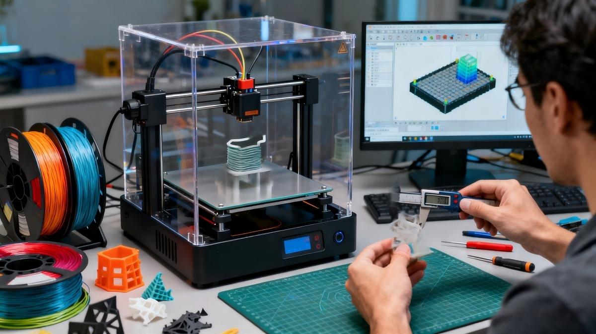 FDM printing FDM 3D printer creating high-precision plastic parts — fused deposition modeling printing process for custom prototypes and functional components.