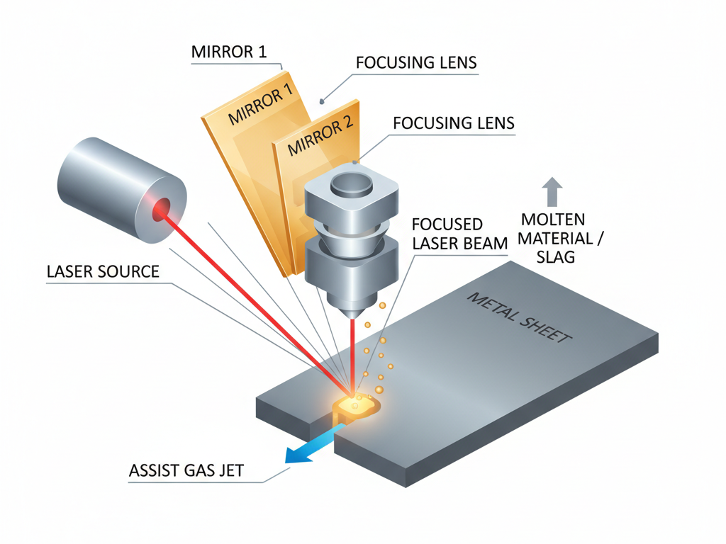Laser cutting process diagram showing focused laser beam cutting metal sheet