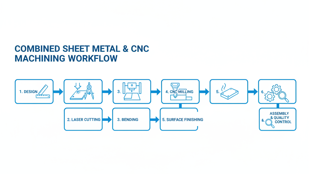 Combined sheet metal laser cutting and CNC machining workflow diagram